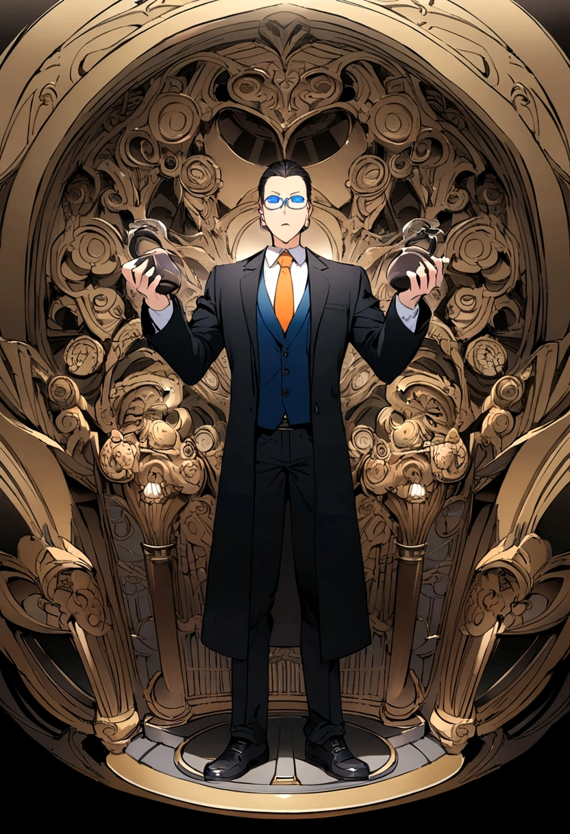 One wears blue glasses and an orange tie，Cartoon character of man in black coat office worker,Coffee-colored hair，whole body