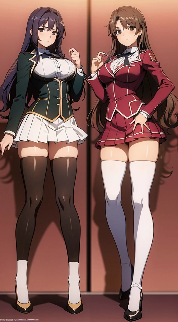 A masterfully detailed painting of two identical twin girls with curly brown hair, hazel eyes, and medium-sized busts, wearing sexy school uniforms consisting of a blazer, lace sections, ribbons, rainbow short skirts, white thigh-high socks, and black high heels, posing seductively with matching outfits and bright, flat colors, showcasing their full bodies in a duo pose.