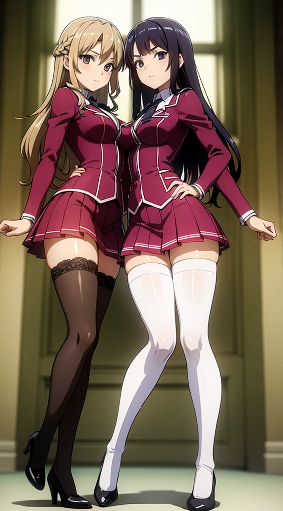 A masterfully detailed painting of two identical twin girls with curly brown hair, hazel eyes, and medium-sized busts, wearing sexy school uniforms consisting of a blazer, lace sections, ribbons, rainbow short skirts, white thigh-high socks, and black high heels, posing seductively with matching outfits and bright, flat colors, showcasing their full bodies in a duo pose.