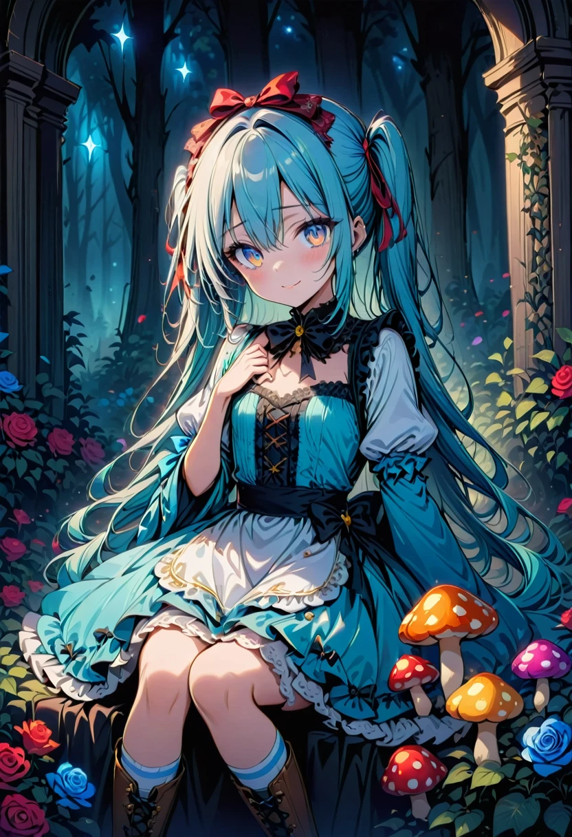  masterpiece, best quality, extremely detailed, (illustration, official art:1.1), 1 girl ,(((( light blue long hair)))), ,(((( light blue long hair)))),light blue hair, , long hair ((blush)) , cute face, big eyes, masterpiece, best quality,(((((a very delicate and beautiful girl))))),Amazing,beautiful detailed eyes,blunt bangs((((little delicate girl)))),tareme(true beautiful:1.2), sense of depth,dynamic angle,,,, affectionate smile, (true beautiful:1.2),,(tiny 1girl model:1.2),)(flat chest), (AliceWonderland), masterpiece, best quality, ultra-detailed, highres, very cute face,1girl, solo, verylong hair, looking at viewer, blush, smile, shy,bangs, hair between eyes, jewelry,yelloweyes, beautiful and delicate golden eyes, wavy hair,wind, twintails,ribbon accessory,flower hair ornament,heartearring,sitting, BREAK Fashion Alice's adventures in Wonderland costume, wearing an apron dress, Apron dress with lots of frills and ribbons, dress like alice in wonderland, border line socks, border knee high,lace up boots, big ribbon decoration on head,ribbon hair ornament, BREAK A tribute to the world of Alice in Wonderland, magical night,white rose,red rose,outdoor,Forest, rose background,score_9_up,score_9, skyblue eyes, aqua dress, cape, crypt, vintage, clock, bluerose garden,Best quality,4k,, Alice in Wonderland, holding a glowing mushroom in her hands with colorful stars 、(((glowing mushroom)))