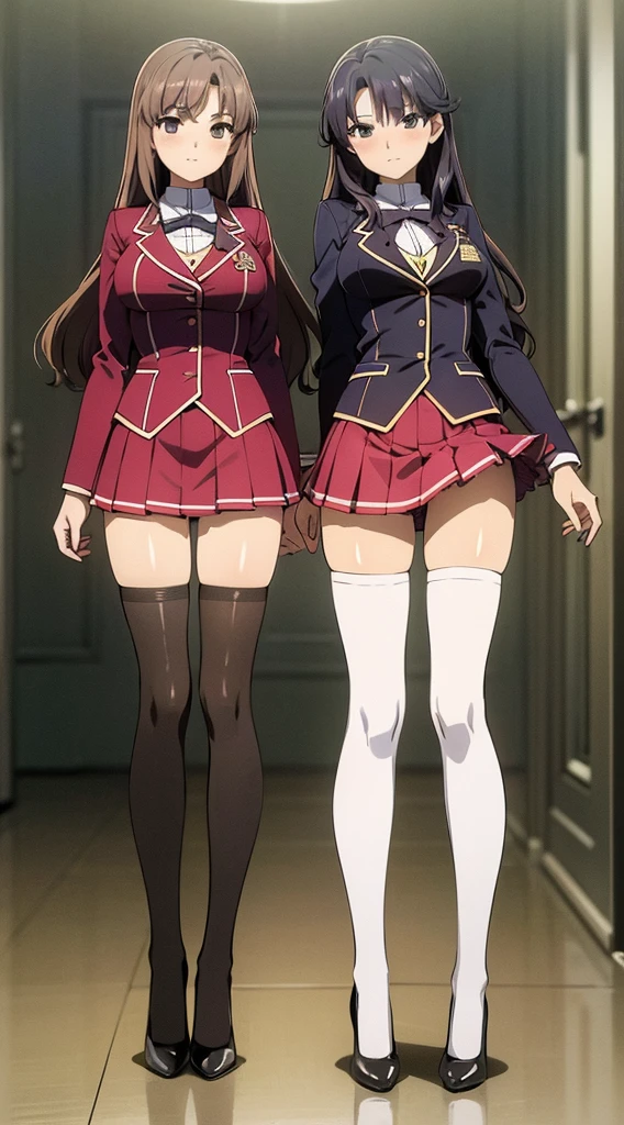 a masterfully detailed painting of two identical twin girls with curly brown hair,hazel eyes,medium-sized busts,sexy school uniforms consisting of blazer,lace sections,ribbons,rainbow short skirts,white thigh-high socks,black high heels,posing seductively with matching outfits,bright flat colors,duo pose,full body