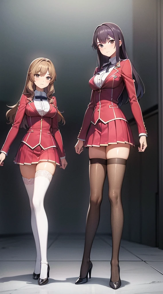 a masterfully detailed painting of two identical twin girls with curly brown hair,hazel eyes,medium-sized busts,sexy school uniforms consisting of blazer,lace sections,ribbons,rainbow short skirts,white thigh-high socks,black high heels,posing seductively with matching outfits,bright flat colors,duo pose,full body