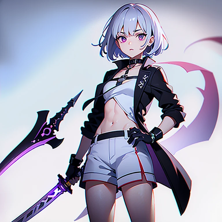 (white short hair)(red eye)(serious)(Take purple sword and black pistol) 4K