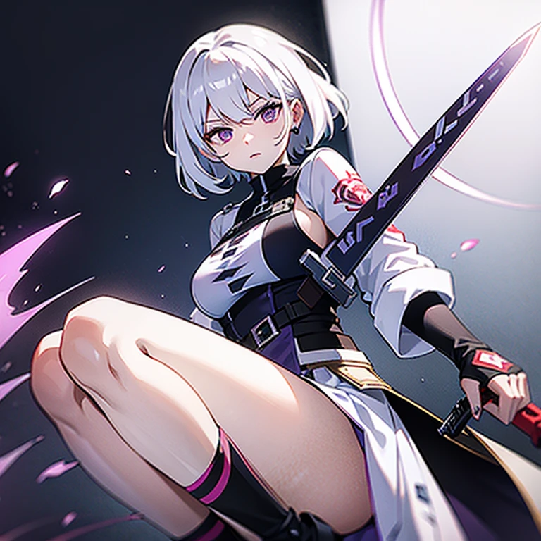 (white short hair)(red eye)(serious)(Take purple sword and black pistol) 4K