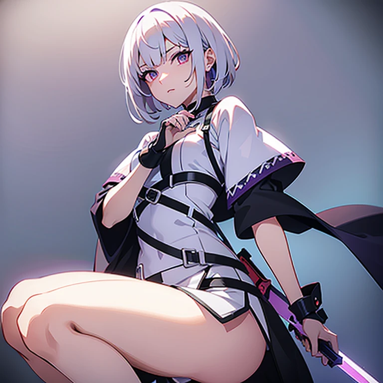 (white short hair)(red eye)(serious)(Take purple sword and black pistol) 4K