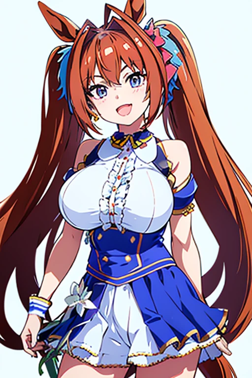 (masterpiece),(Highest quality:1.0), (Ultra-high resolution:1.0), Detailed illustrations, 8K, Pretty face, White Background、Big Breasts、Twin tails、long hair、Air intake、Swimwear, Swimwear姿、黒色のSwimwear、bikini、whole body、Animal ears, earrings, Horse tail、Are standing, smile, Open your mouth