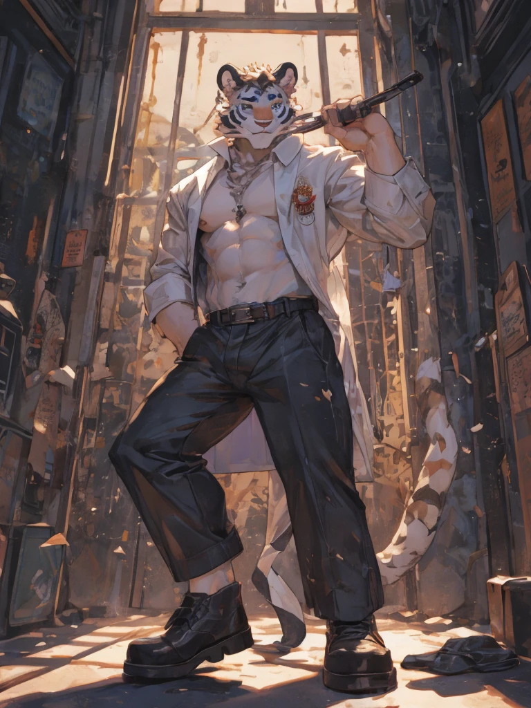 {{bara extremely handsome white tiger,}} {{white fur,}} white, wearing military like purple trench coat, purple trousers, white dress shirt and necktie, white fluffy furry body and limbs, loafers, very tall, very broad shoulders, narrow waist, muscular arms, massive pecs, purple eyes, very long legs, sitting on swivel chair with legs spread, from below perspective, massive bulge, sophisticated hot look, sexy pose, full body, sunlight casting over, 3/4 view, best quality, high quality, silver earring on left ear, sultry smirk