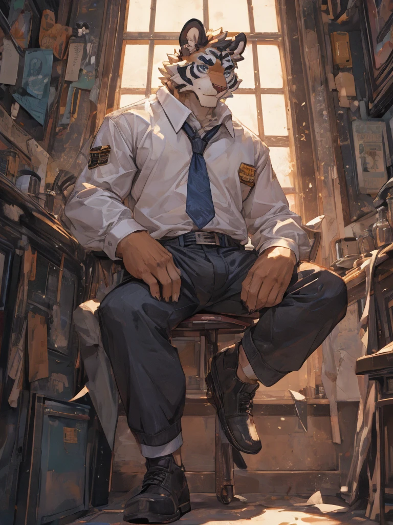 {{bara extremely handsome white tiger,}} {{white fur,}} white, wearing military like purple trench coat, purple trousers, white dress shirt and necktie, white fluffy furry body and limbs, loafers, very tall, very broad shoulders, narrow waist, muscular arms, massive pecs, purple eyes, very long legs, sitting on swivel chair with legs spread, from below perspective, massive bulge, sophisticated hot look, sexy pose, full body, sunlight casting over, 3/4 view, best quality, high quality, silver earring on left ear, sultry smirk