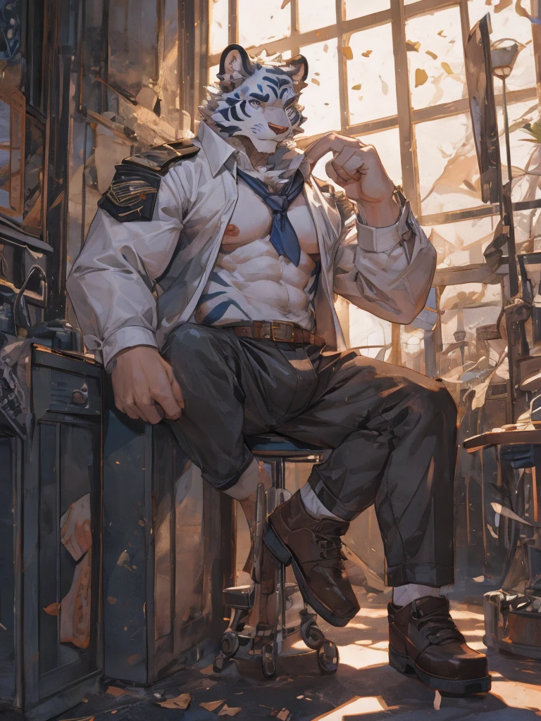 {{bara extremely handsome white tiger,}} {{white fur,}} white, wearing military like purple trench coat, purple trousers, white dress shirt and necktie, white fluffy furry body and limbs, loafers, very tall, very broad shoulders, narrow waist, muscular arms, massive pecs, purple eyes, very long legs, sitting on swivel chair with legs spread, from below perspective, massive bulge, sophisticated hot look, sexy pose, full body, sunlight casting over, 3/4 view, best quality, high quality, silver earring on left ear, sultry smirk