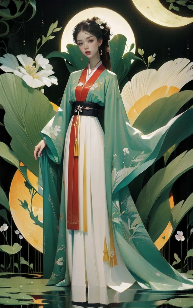 ((​masterpiece)), (best quality), (the work), Art Nouveau watercolor painting , Moon goddess in hanfu , small breasts,revealing multilayered and modern kimono, big eyes, long, thick eyelashes, plump lips, dark red eyes, hair long and thick, high ponytail, fit,delicious accompany, flowery_backdrop, Elaborate designs and patterns in the style of Alphonse Mucha.front-facing, a full body shot, that combines tradition and modernity 