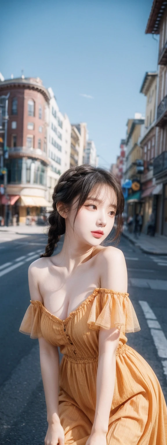 a woman posing on the street corner with orange dress on, best quality, 1 Girl, Large Breasts, sky, bright, Blurred Background, bokeh, outdoor, (street:0.8), (people, crowd:0.8), (Off-shoulder dress:1.2), Gorgeous, (Braided Bangs:1.2), Beautiful and delicate sky, (Dynamic poses:1.2), Soft lighting, wind, Glowing skin, (Upper Body:0.8), (freckle:0.8), Mole under mouth,