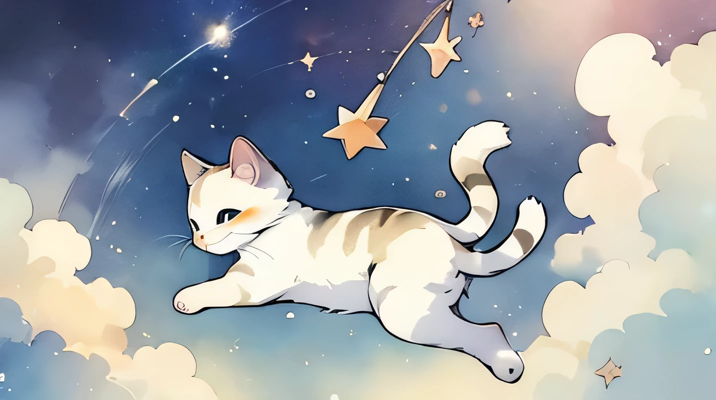 ((best quality)), ((masterpiece)), (detailed),A cat flying through the stars drawn in watercolor