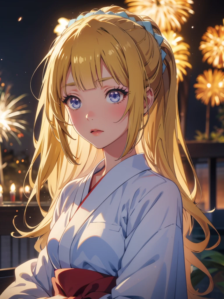Kei karuizawa, kimono night in firework ,blonde, blue eyes