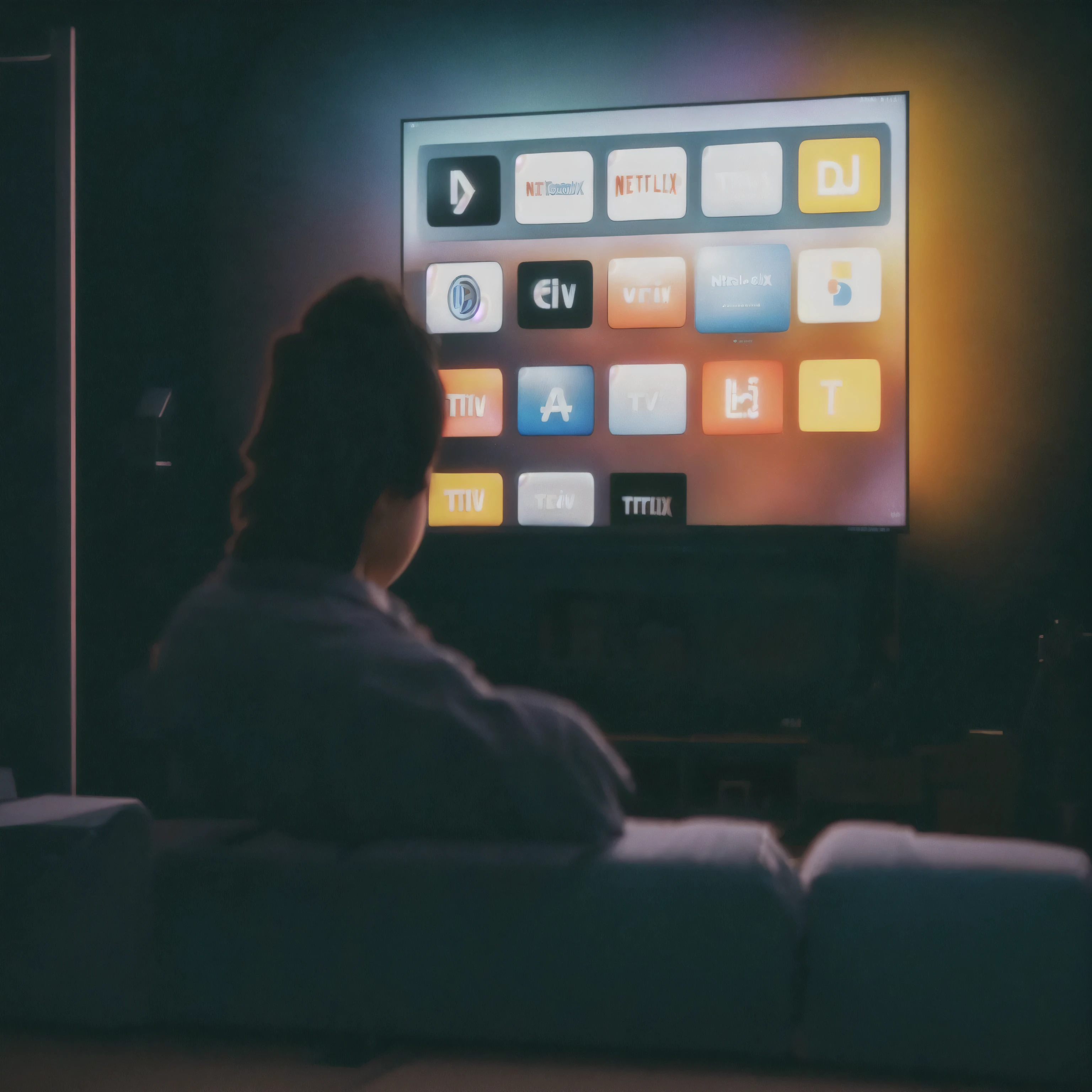 someone is watching a TV program on a big screen in the dark, everything fits on the screen, TV screen, Watching television, TV screen in background, netflix trese, TV program, TELEVISIONS, subtle, soft cinematic colors, 4k TV still, cinema screen photo, pexels, nostalgic 8k, big glowing netflix logo behind, top quality picture