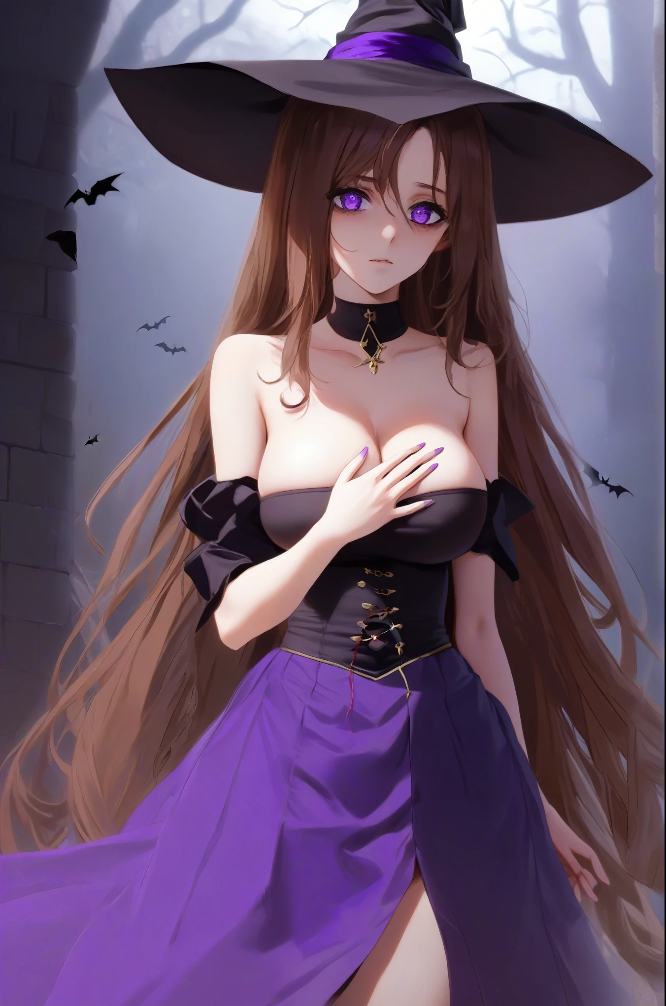 1 Girl, Solitary, long_hair, breast, Watching_exist_Viewer, Brown_hair, hexist, skirt, cleveage, only_Shoulder, purple_Eyes, Detached_sleeve, huge_breast, Strapless, witch_hexist, Strapless_skirt, one_Eye_cExceeded, hexist_Exceed_one_Eye