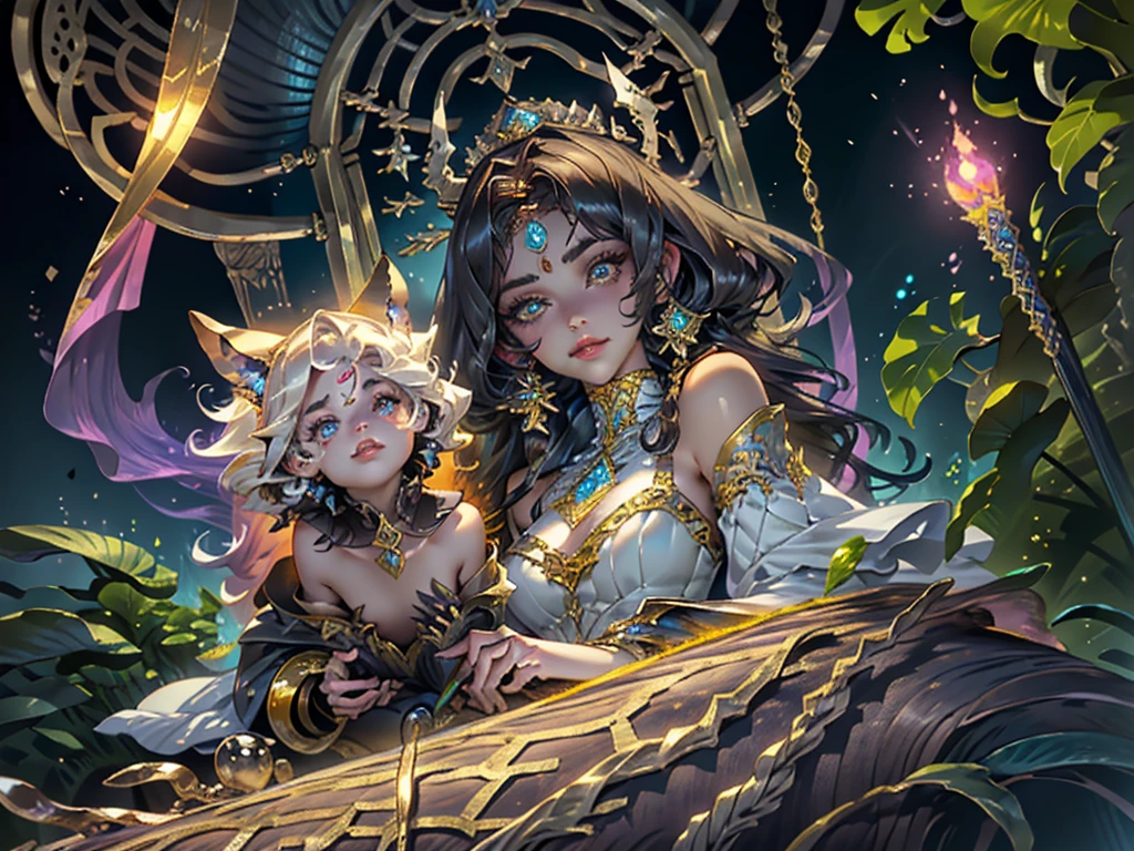 This is、It's a masterpiece of realistic fantasy with lots of sparkles, Glitter, and intricate ornate details. Produces one  woman with a beautiful delicate crown sitting on a garden swing at night. She is a beautiful and seductive butterfly queen with stunning curly black hair, (((Incredibly realistic and detailed dynamic eyes in bright colors with realistic shading))).  Her skin is translucent white, Her eyes are shining, And her dress is elegant. Her dress is spun with delicate and finest gossamer silk, Convoluted, Delicate floral details and gold silk butterfly sleeves. Her face is lovely and lonely. Include flowers that glow in the dark, Lots of particles, Highly realistic fantasy butte fly with translucent gem-colored wings and fine details, And shine. Artwork done in the style of Guviz、Trending fantasy titles from Artstation and Midjourney、Reminds of the masters of this genre. camera: Using dynamic composition techniques、Emphasizes ethereal delicacy and delicate details.