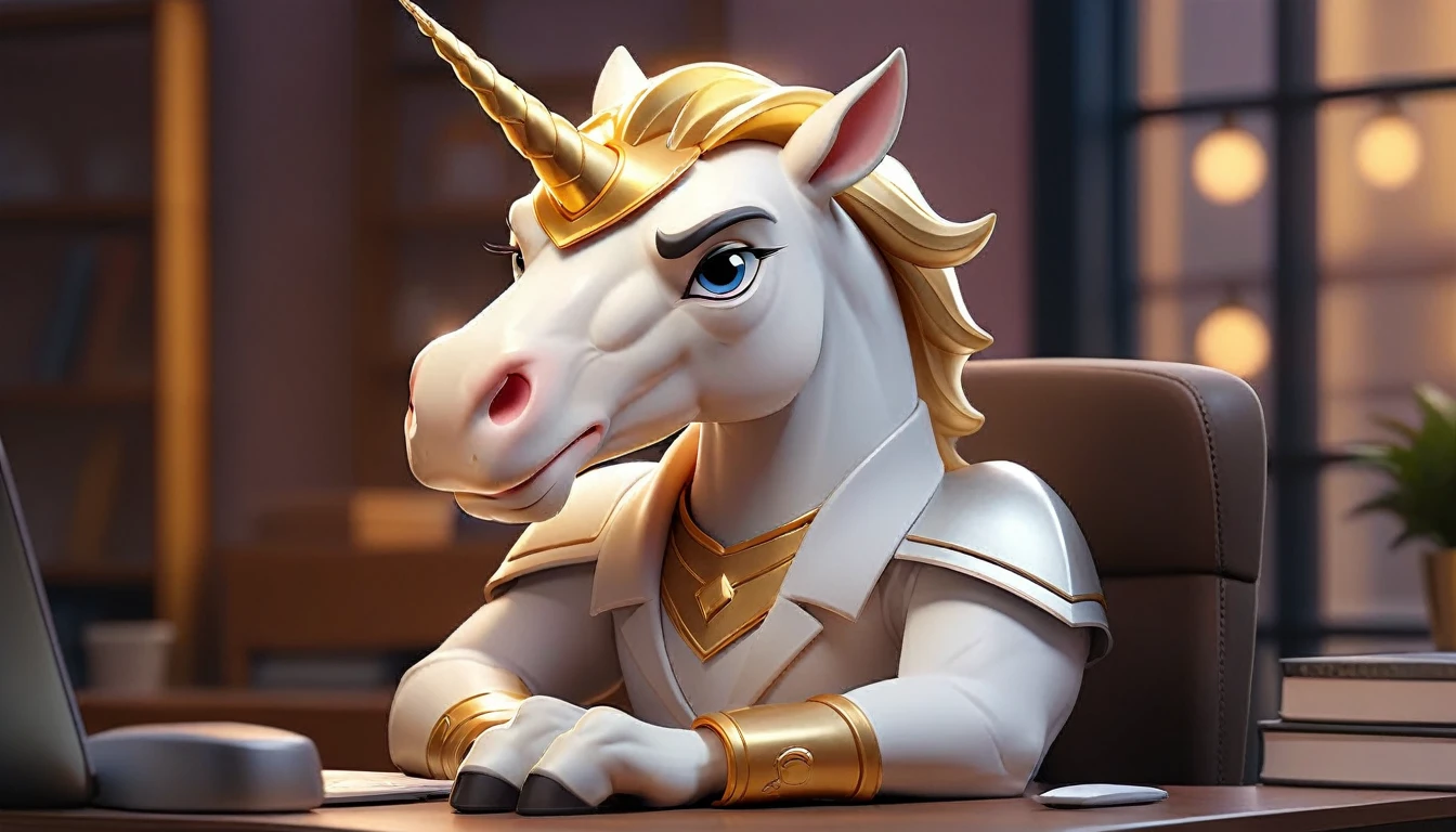 male and professional anime unicorn avatar, this unicorn must reflect innovation, the success, aspirations associated with startups, friendly and charismatic facial expression, large eyes, expressive. gold and silver aspects, sitting at a desk with a room background