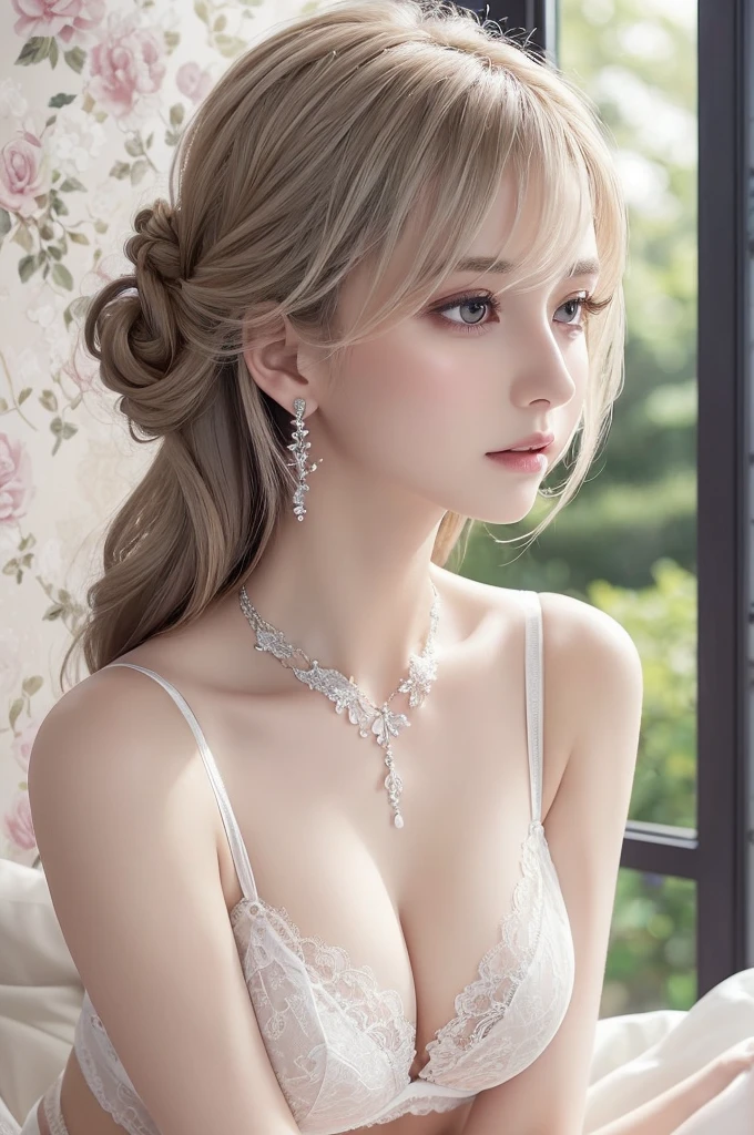 white lace thong bra, (((Very elegant and beautiful, Perfect detail, Super detailed))), whole body, The most detailed girl, Depth of written boundary, 美しく詳細なwhole body, Thin legs, 1 girl, 30 years old, Very short hair, Spiked Hair, Gray and silver hair, Beautiful detailed hair, Perfect Face, Expressionless, Beautifully detailed deep eyes, Open your mouth a little, Delicate arms and hands, Pale skin, Earrings, Beautiful and gorgeous necklace, Colorful background, HD background, Blurred Background, Very delicate and beautiful, Masterpiece, (((Highest quality, Very beautiful 8K CG wallpaper))), (((Trendy hairstyles))), (Inside the room,Stylish interior,window),