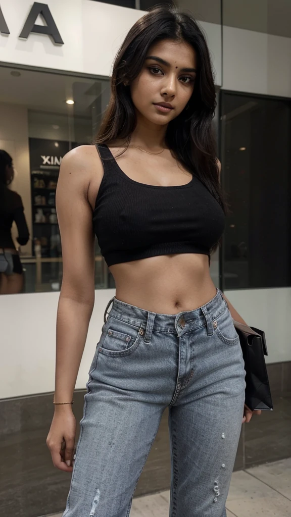 Create a full image of a sharp face cute and lovely indian women age is ,she have large emerged breast , Slim waist , hot figure,looking so pretty ,model And she wears a black top and black jeans , and air jordan white snaekaers ,, a,hot , standing in the shopping mall and night view and walking