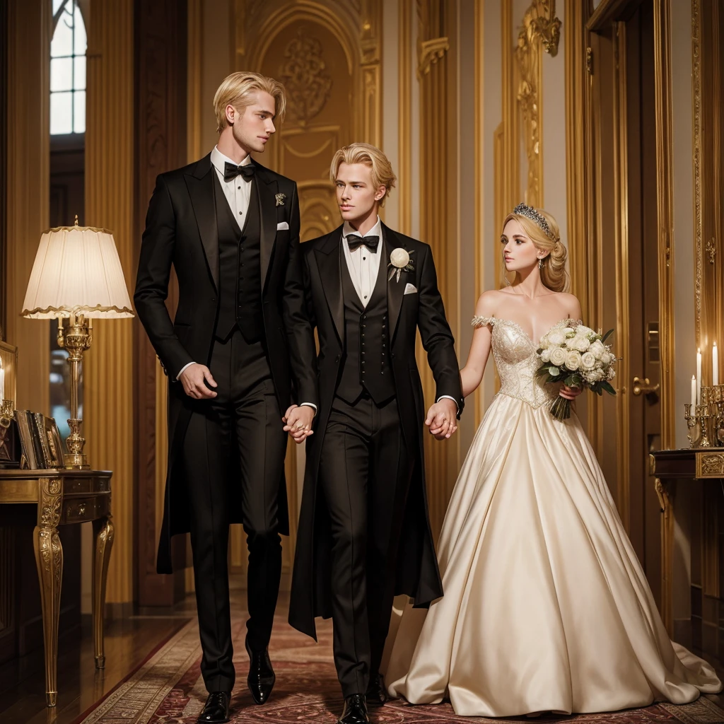 A girl in a luxurious ball gown holds the hand of a handsome blond man in a luxurious tailcoat in a castle