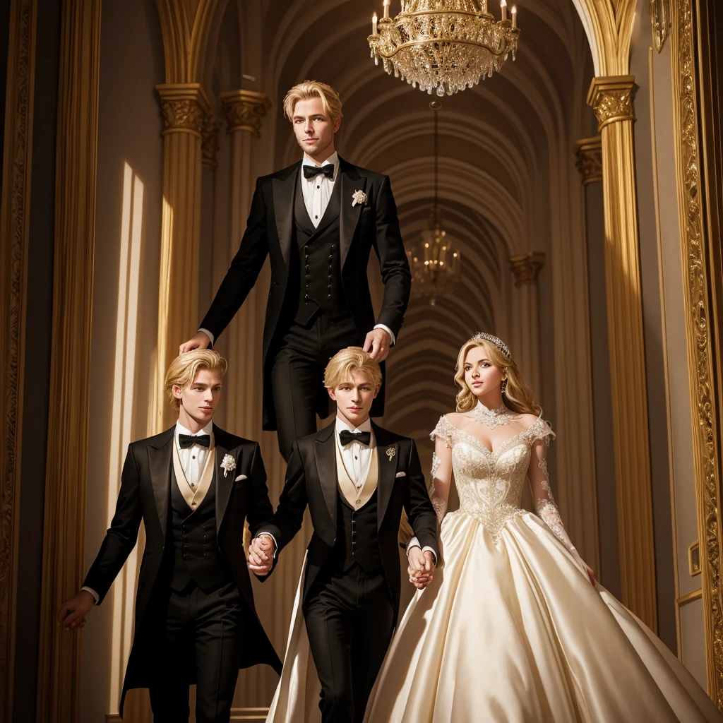 A girl in a luxurious ball gown holds the hand of a handsome blond man in a luxurious tailcoat in a castle