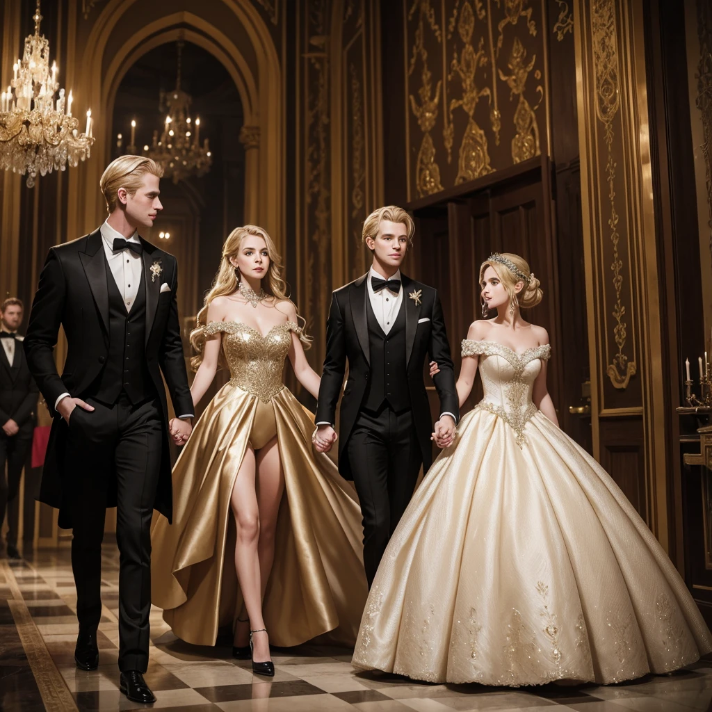 A girl in a luxurious ball gown holds the hand of a handsome blond man in a luxurious tailcoat in a castle
