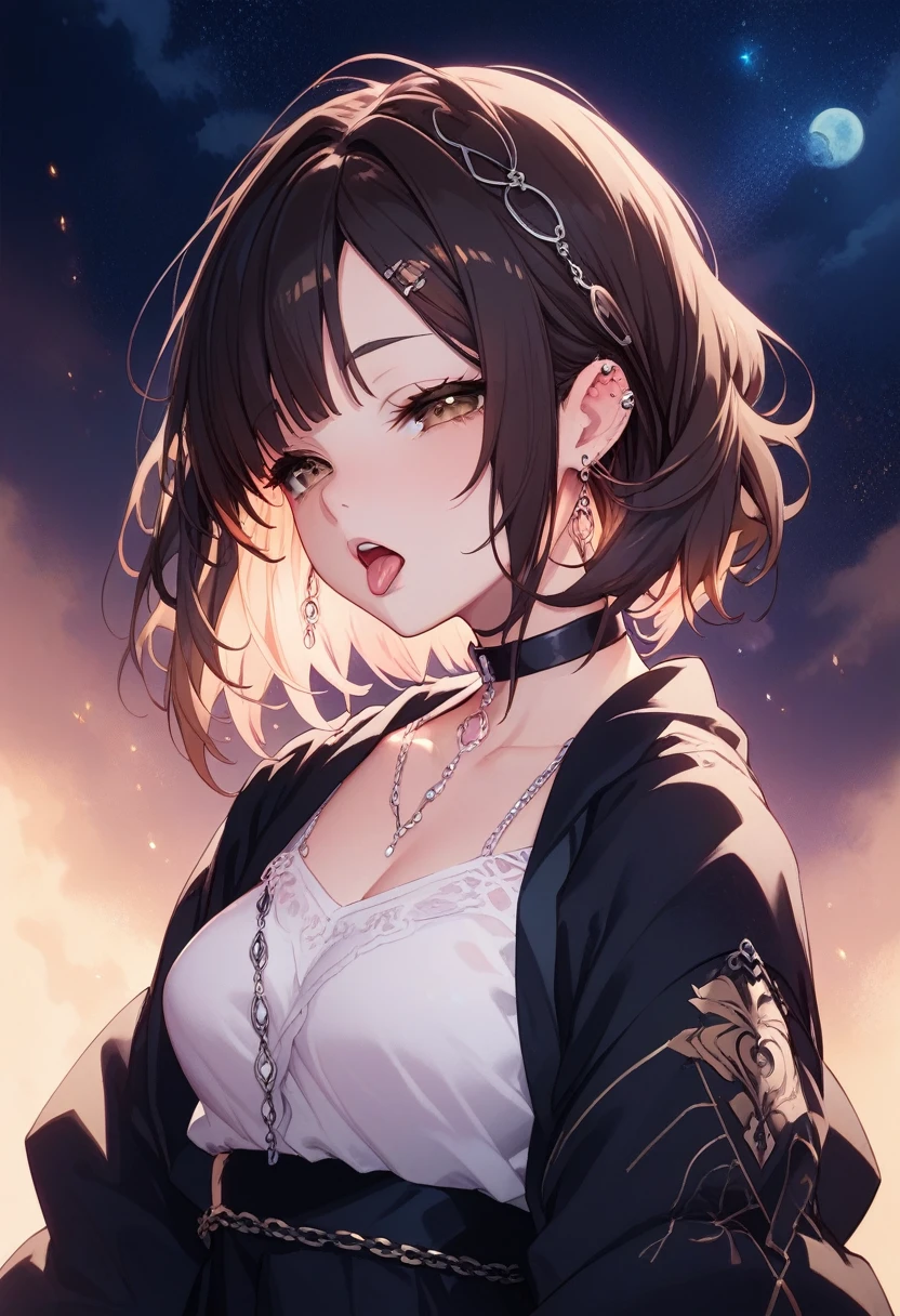 (8K, masterpiece, Highest quality, Super detailed, Very delicate and beautiful, Official Style, Depth of written boundary, Very detailed, so beautiful, Complex, Overall Details, Perfect Anatomy), night, Faint Light, View your viewers, Upper Body, One girl, alone, Black Hair, Brown eyes, Medium Hair, Half-closed eyes, eye shadow, Faint lips, (ear piercing, Industrial Piercing, ear chain), Black jacket, White shirt, Black Choker, (Multiple rings), Upper teeth, Sticking out tongue, breathe, Glowing Skin