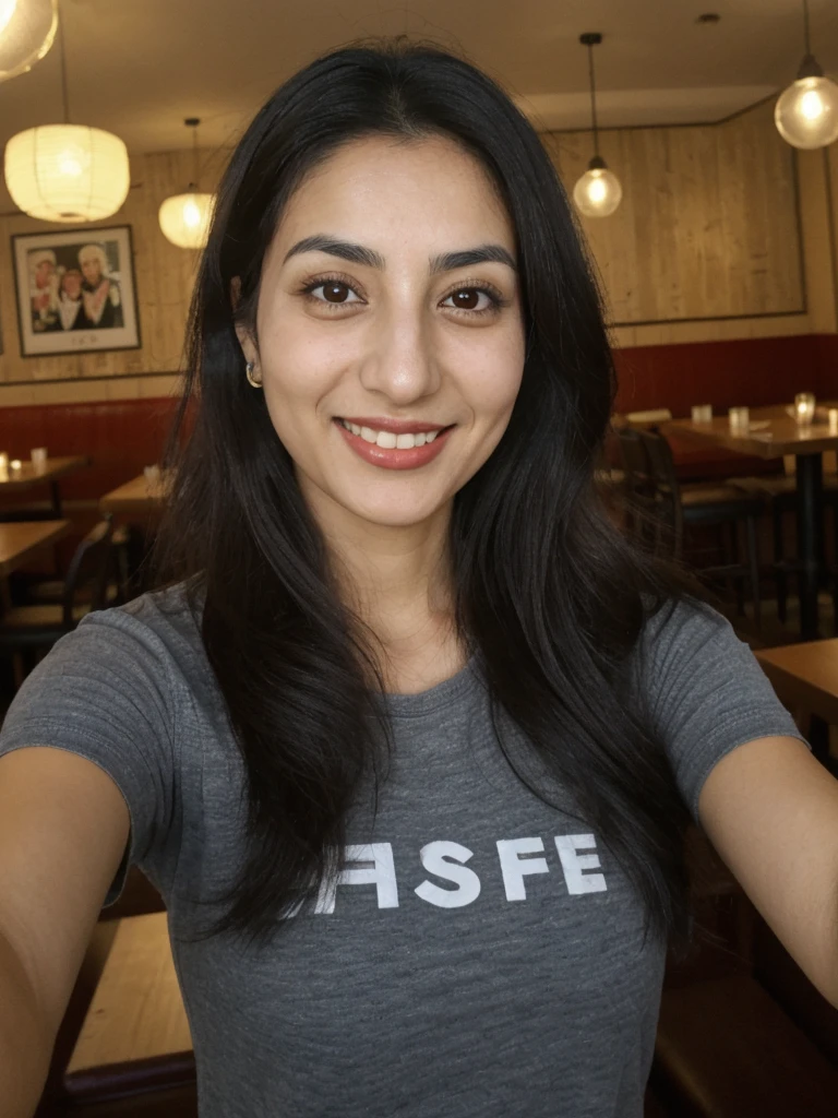 Tzu, black hair, Palestinian woman, ((30-year-old)), (Palestinian skin), (Palestinian eyes), (Palestinian nose), (Palestinian lips), (Palestinian standard face), ordinary Palestinian woman, smiling, hair bobbles, deep eyes, consistent image, ((upper body and upper legs)), wearing a shirt, (((selfie))), (((inside restaurant indoor)))