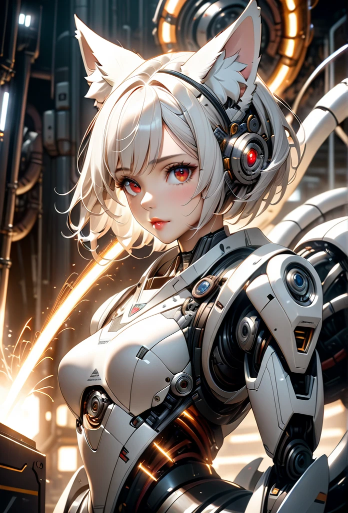 a girl with mechanical body, short white hair with furry ears, white robotic exterior with black mechanism inside, mechanical tail, all white with red eyes and lips, mechanism visible, factory line with sparks, cinematic lighting, 8k, highly detailed, masterpiece, intricate details, science fiction, elegant, dramatic, futuristic