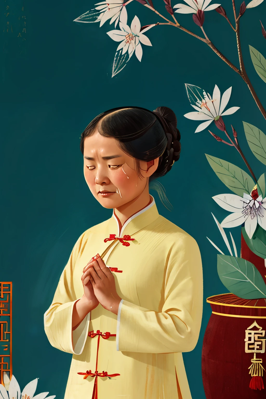 Tongkou, China, 1865. A young ((((42-year-old)) SnowFlower)), asian girl, pale and beautiful, sad, (((crying big tears))), ((((chinese clothings from the 1865s)))), ((hairstyle of the 1865s))
