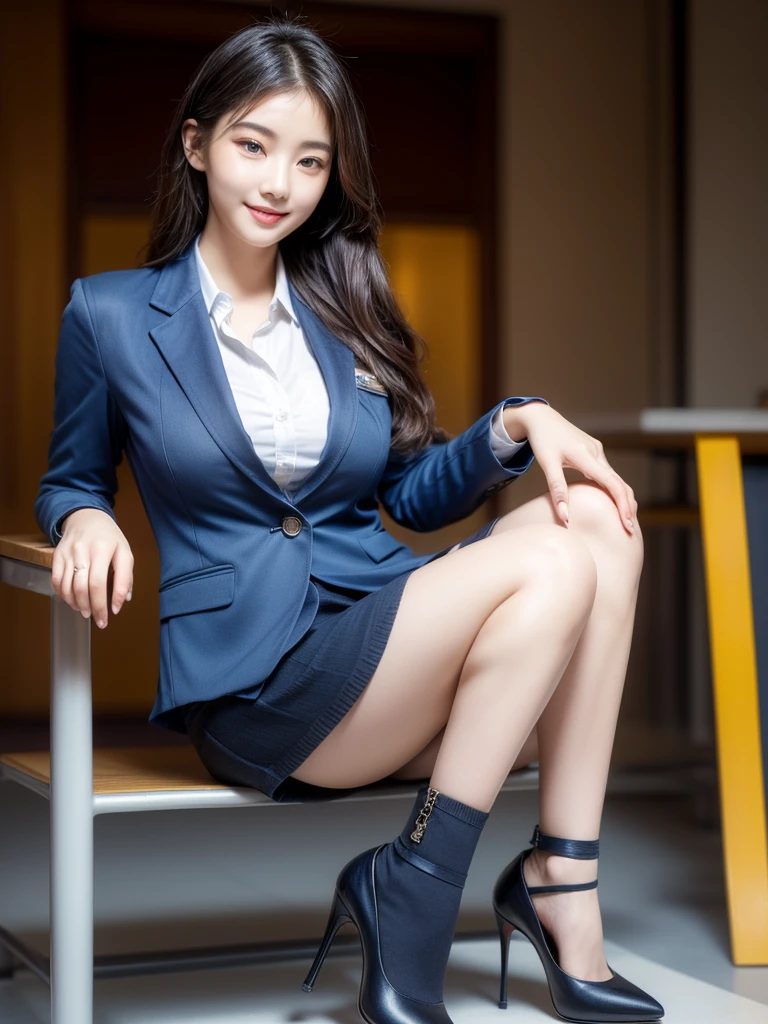 Practical Photography, 22 years old, Portrait, Full Body, Korean, (Mature: 1.3), Two girls, Beautiful girls, (Environmental details: 1.3), (Original image, CG Unity, Photography, Ultra-practical details, Clear focus, Delicate skin, 4K high resolution, Masterpiece, Best quality, Practical, Energetic: 1.2), (8K, 4K, Ultra-high quality, High resolution, Major, Unique, Dramatic), Medium-sized breasts, Stewardess uniform, (Dark blue stewardess blazer: 1.3), Shirt, Short ivory skirt, (Black YSL high heels), Perfect legs, Model pose, Smile