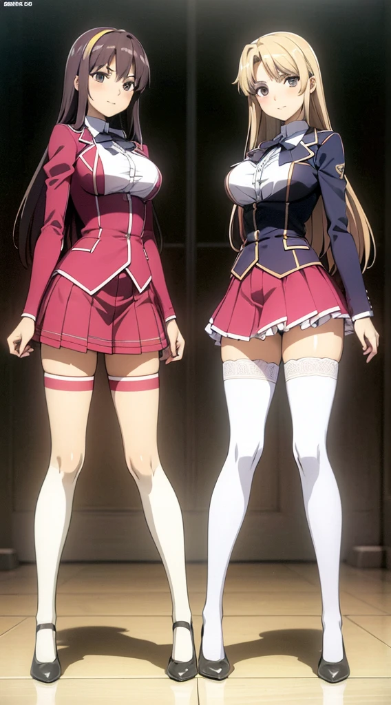 a masterfully detailed painting of two identical twin girls with curly brown hair,hazel eyes,medium-sized busts,sexy school uniforms consisting of blazer,lace sections,ribbons,rainbow short skirts,white thigh-high socks,black high heels,posing seductively with matching outfits,bright flat colors,duo pose,full body