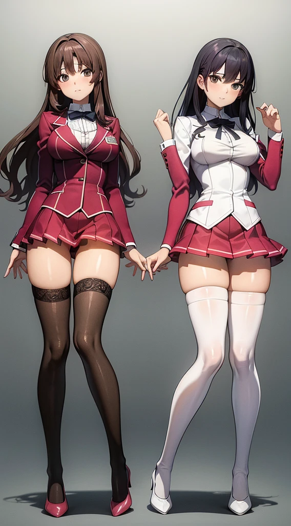 a masterfully detailed painting of two identical twin girls with curly brown hair,hazel eyes,medium-sized busts,sexy school uniforms consisting of blazer,lace sections,ribbons,rainbow short skirts,white thigh-high socks,black high heels,posing seductively with matching outfits,bright flat colors,duo pose,full body