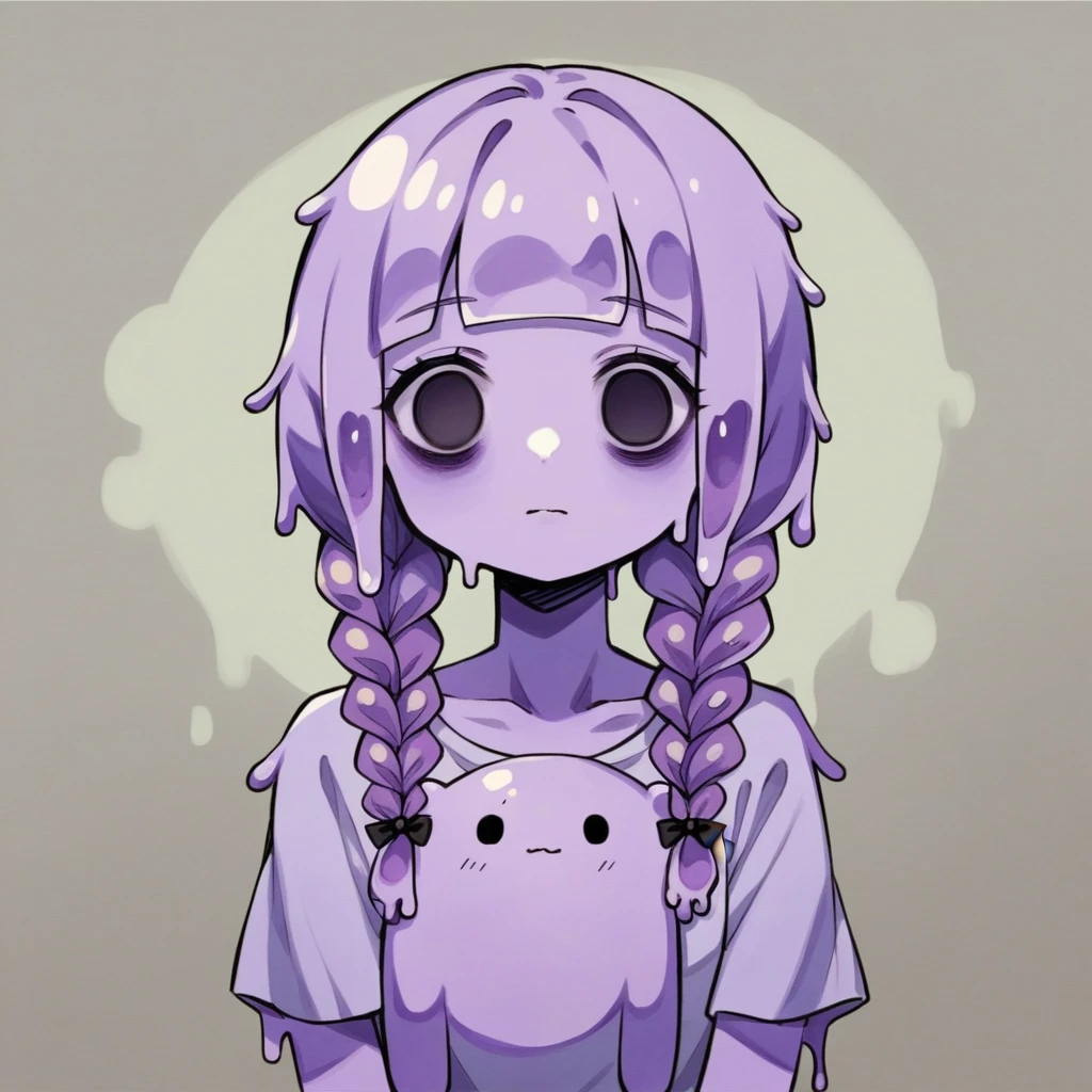 masterpiece, ultra detailed, 8K, full body shot,, a girl, kawaii, light atmosphere, (Cute a Slime girl:1.5), (a girl who turned into a slime, pale purple hair, wavy two braids, blunt bangs hair, green and black eyes empty eyes, purple skin, yandere, portrait:1.4), anime visual, (tilt head:1.3), extremely delicate face, realistic lighting and shading, (an extremely delicate and beautiful art:1.3),Watercolor painting, a girl, Slender girl with small breasts, She's not wearing any clothes, she has a wicked smile on her f,The girl holds a teddy bear close to her chest with both hands.