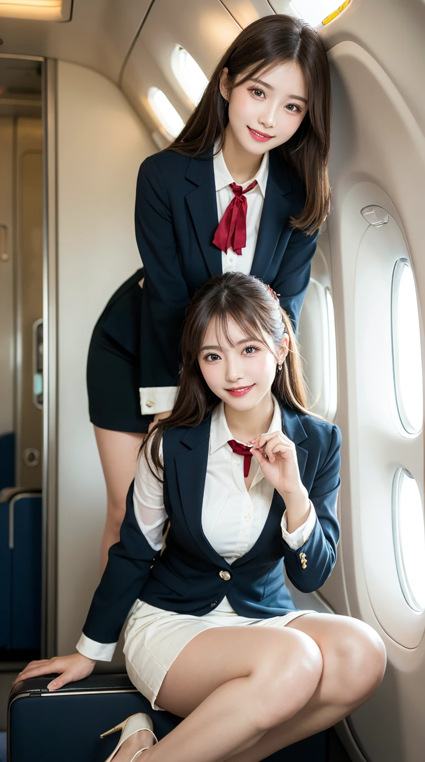 highest quality、8k、best image quality、Award-winning work), two beautiful women、radiant beautiful skin , masterpiece、top-quality、The ultra -The high-definition、depth of fields、lens flare, ( 2 girls:1.6)、、brown hair, watching at viewers glares, large breasts , stewardess uniform, (ivory stewardess blazer:1.3), shirt, short ivory skirt, (white ysl high heels), perfect legs, model pose, view from below, smiling , flight cabin,