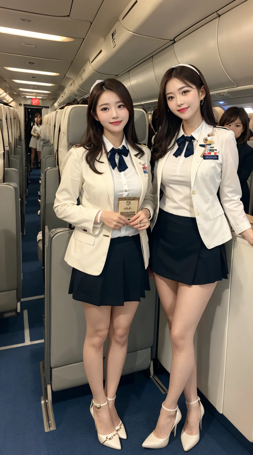 ​highest quality、8k、best image quality、Award-winning work), two beautiful women、radiant beautiful skin , masterpiece、top-quality、The ultra -The high-definition、depth of fields、lens flare, ( 2 girls:1.6)、、brown hair, watching at viewers glares, large breasts , stewardess uniform, (ivory stewardess blazer:1.3),  shirt, short ivory skirt, (white ysl high heels), perfect legs, model pose, view from below, smiling , flight cabin,
