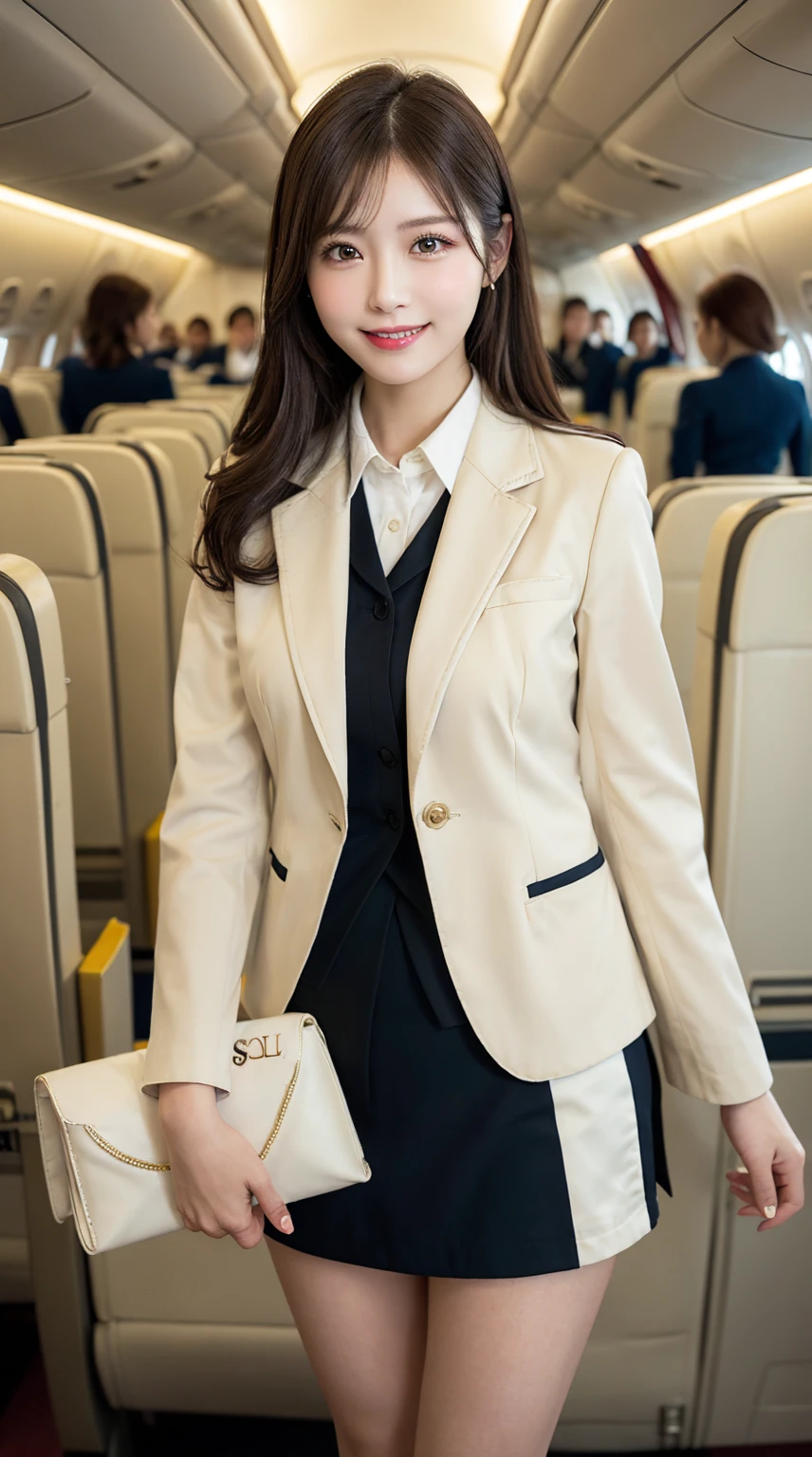 ​highest quality、8k、best image quality、Award-winning work), two beautiful women、radiant beautiful skin , masterpiece、top-quality、The ultra -The high-definition、depth of fields、lens flare, ( 2 girls:1.6)、、brown hair, watching at viewers glares, large breasts , stewardess uniform, (ivory stewardess blazer:1.3),  shirt, short ivory skirt, (white ysl high heels), perfect legs, model pose, view from below, smiling , flight cabin,
