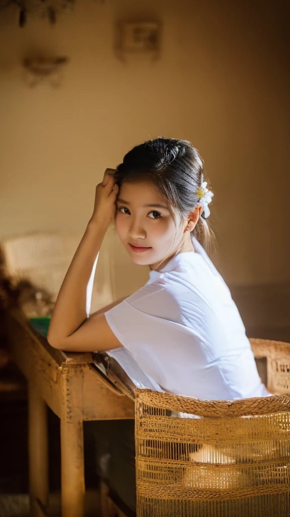 (masterpiece, best quality, high resolution:1.2), (photorealistic:1.2), (intricate and beautiful:1.2), (detailed light:1.2), (soft lighting), (colorful, dynamic angle), full body shot,  fashion photography, 1girl, Burmese girl, beautiful young girl, perfect face, hair bun, perfect body, confident and alluring pose, exotic look, exotic pose, very sexy pose, exuding sensuality and charm, ultra detailed, photo realistic, hyper realism, realistic, ((standing)),  Myanmar,  wearing acmmsayarma outfit big thick
