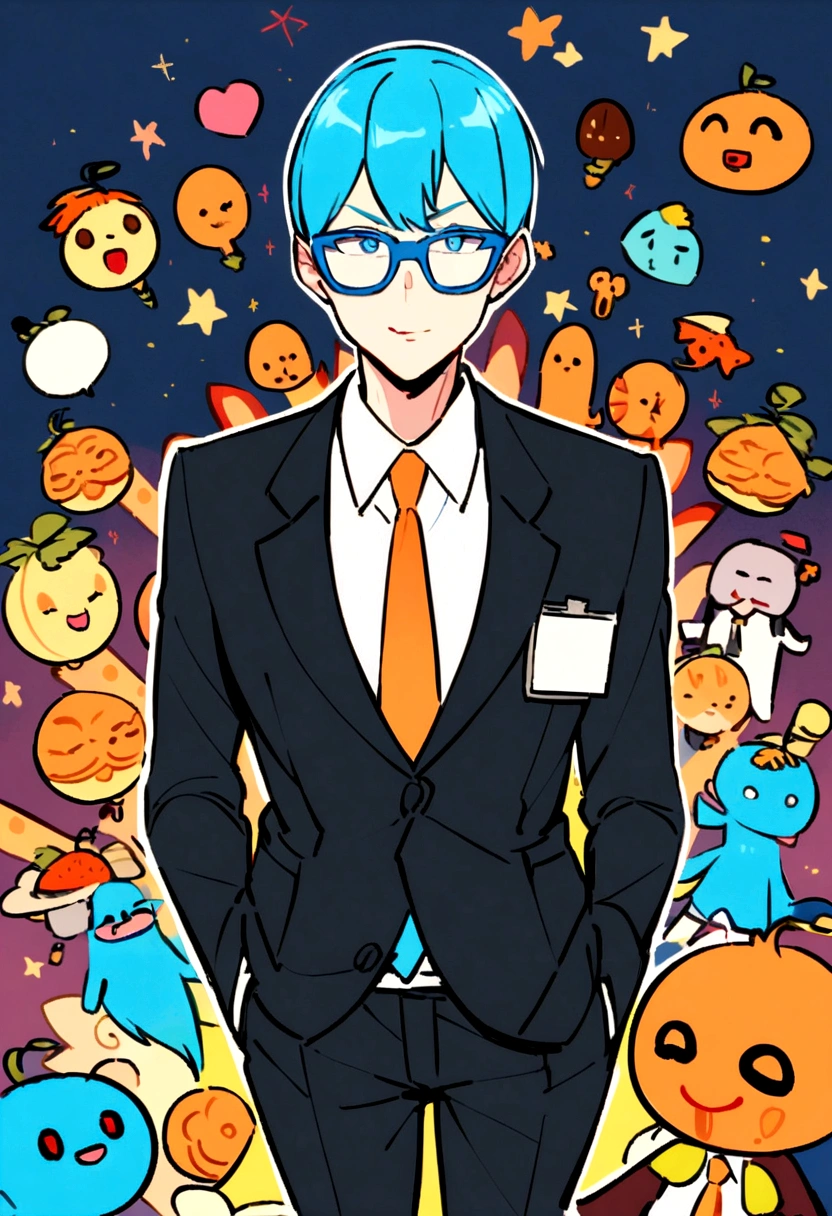 One wears blue glasses and an orange tie，Cartoon character of man in black coat office worker,Coffee-colored hair