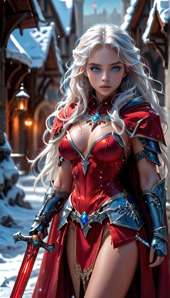 excellent quality, masterpiece, best quality, Ultra Detailed, Extremely detailed, Ultra HD, beautiful girl, Perfect anatomical structure, Perfect body, Model, Fashion pose, Wearing full magical red armor and red cape, Holding a crystal sword, Snowy medieval road, (random color:1.4),
Long hair, Various hairstyles, White hair, blue eyes, Glowing eyes,
Extremely detailed,