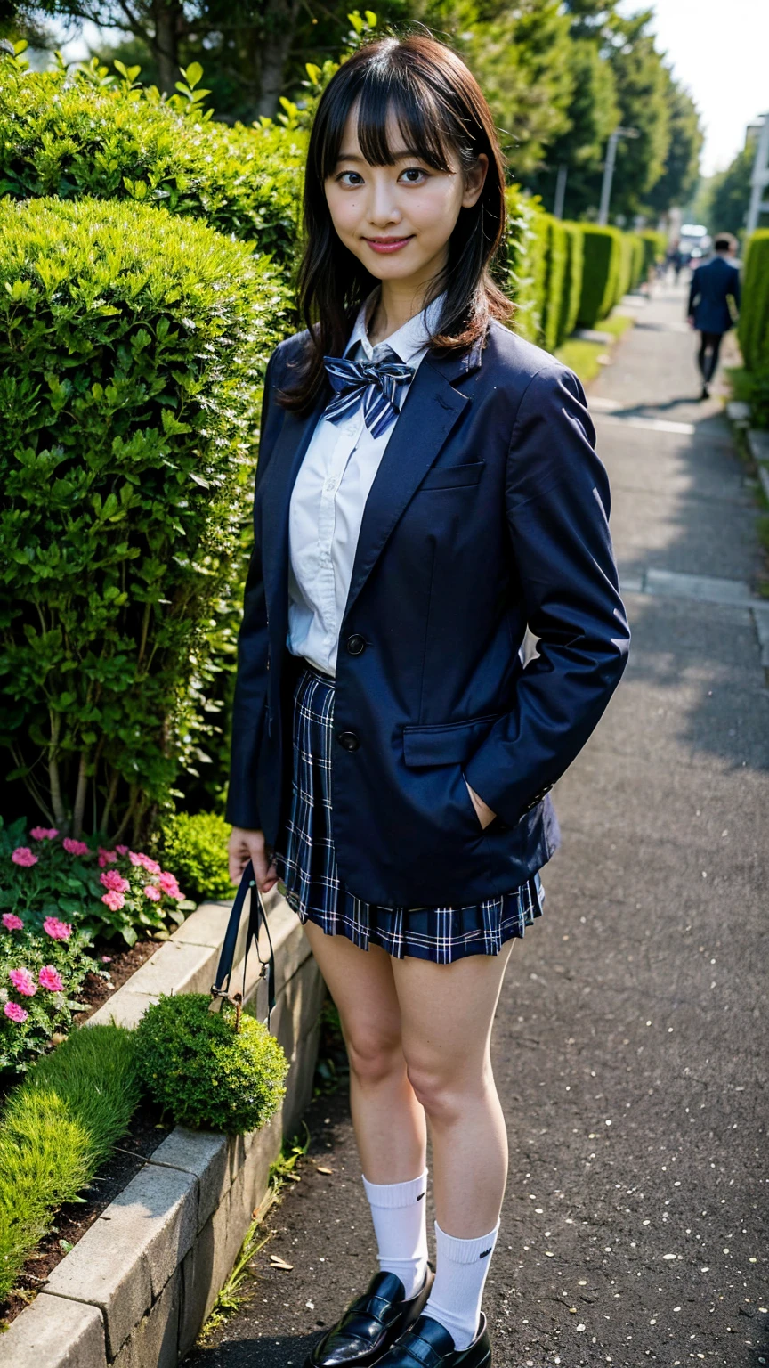 (8K、RAW Photos、Highest quality、masterpiece:1.2)、(Realistic、Realistic)、1 Girl、((blackチェックミニスカート、High school uniform、blazer、Navy Socks、loafers、Medium Hair、black、Thin legs、garden、View from the front、smile、Looking into the camera、Stand with hands on hips))、cute