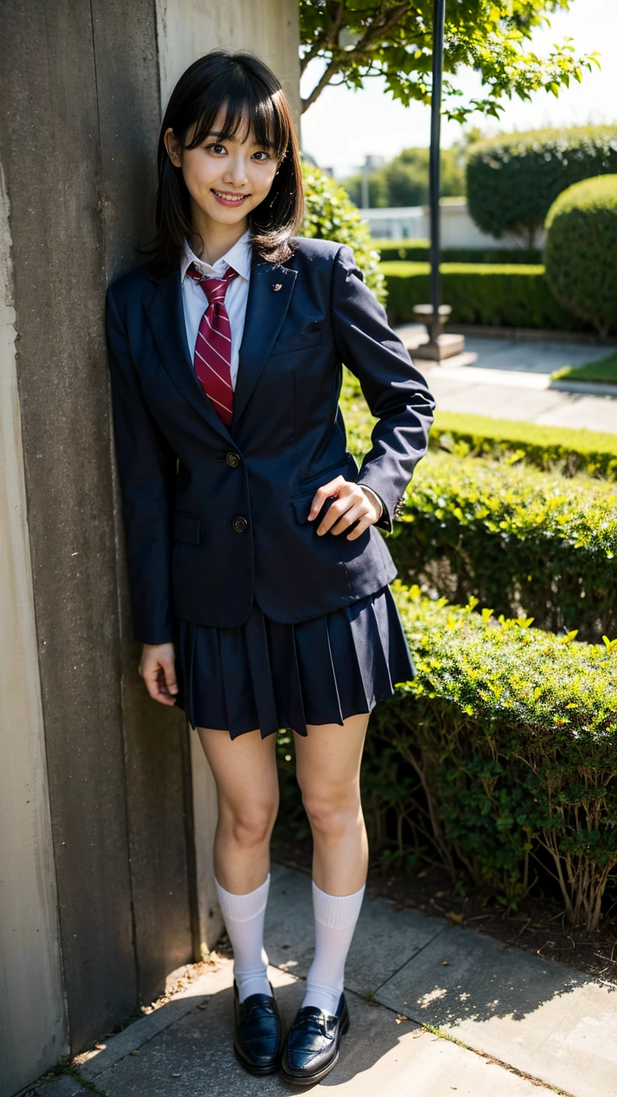 (8K、RAW Photos、Highest quality、masterpiece:1.2)、(Realistic、Realistic)、1 Girl、((blackチェックミニスカート、High school uniform、blazer、Navy Socks、loafers、Medium Hair、black、Thin legs、garden、View from the front、smile、Looking into the camera、Stand with hands on hips))、cute