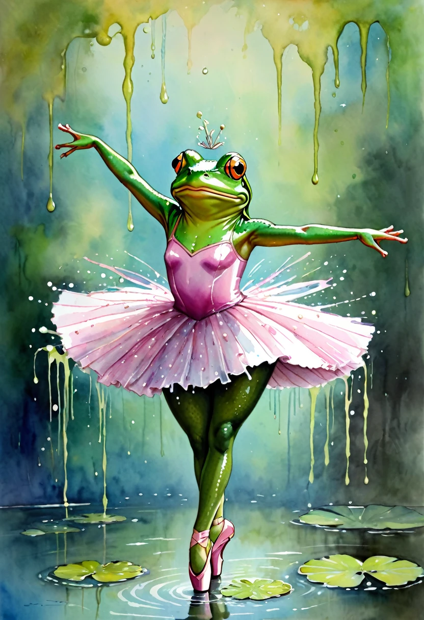 By Jane Newlan, Acting painting, watecolor wet style, alcoholic ink splashes, A frog dressed as a ballerina
Old vintage