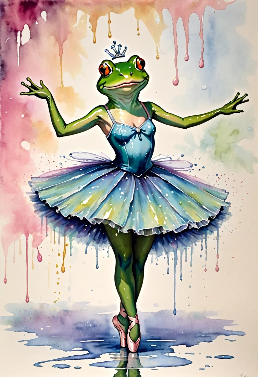 By Jane Newlan, Acting painting, watecolor wet style, alcoholic ink splashes, A frog dressed as a ballerina
Old vintage