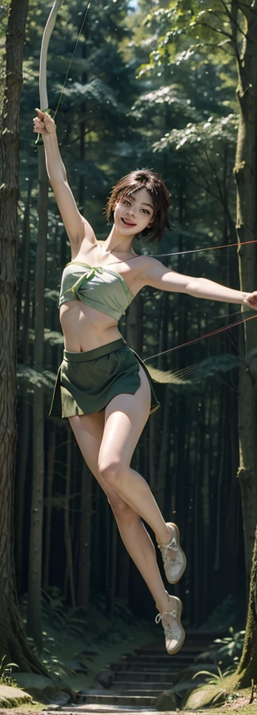 Jump in the forest，Holding a bow and arrow，Wear a green bandeau，green miniskirt，Close-up of a girl with short hair holding a bow and arrow，Full body close-up，Jump into the air，up in the air，Jumping action，Smile of victory