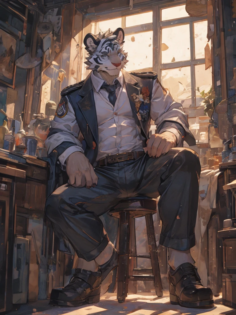 {{bara extremely handsome white tiger,}} {{white fur,}} white, wearing military like purple trench coat, purple trousers, white dress shirt and necktie, white fluffy furry body and limbs, loafers, very tall, very broad shoulders, narrow waist, muscular arms, massive pecs, purple eyes, very long legs, sitting on swivel chair with legs spread, from below perspective, massive bulge, sophisticated hot look, sexy pose, full body, sunlight casting over, 3/4 view, best quality, high quality, silver earring on left ear, sultry smirk
