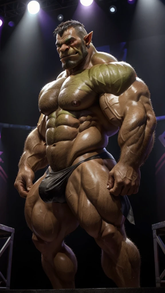 sweaty,muscular orc, hefty, bulging, wearing black thong, bodybuilder competition, on a stage,