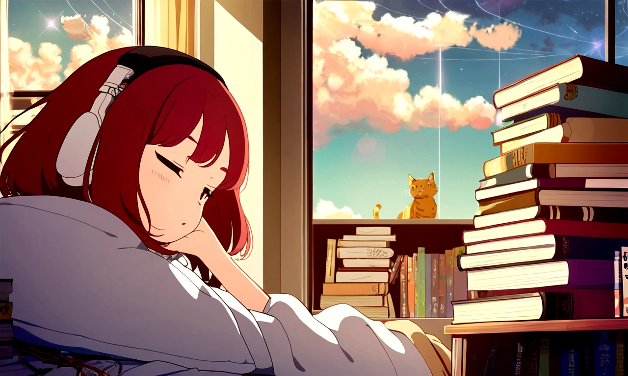 lofi,music,home,girl,headphone, the anime one,midnaight,tokyo,Altocumulus,brownred hair,sleep,white bed,simple home,rolling cat,earring,good study,80's,many books,home wear,shooting star,high resolution,1080P,Beautiful girl