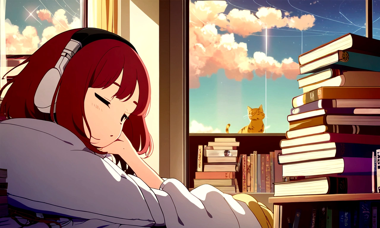 lofi,music,home,girl,headphone, the anime one,midnaight,tokyo,Altocumulus,brownred hair,sleep,white bed,simple home,rolling cat,earring,good study,80&#39;s,many books,home wear,shooting star,high resolution,1080P,Beautiful girl