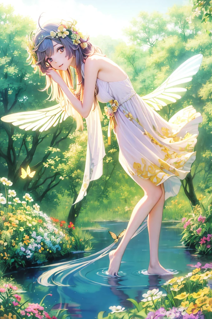 "((Innocent)) girl, golden hour, dreamy meadow, ethereal, whimsical, flowing dress, soft sunlight, enchanting, butterfly wings, (Pastel clouds), liquid reflections super resolution realistic flower crown flower dress flower garden 